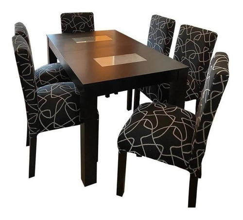 Mesa amoblarte 13 De 1,60 X 0,80 Negro Con 6 Sillas Vestidas Chenille Diseño De La Tela De Las Sillas Estampado