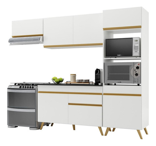 Armário De Cozinha Compacta 252cm Veneza Multimóveis V3690 Cor Branco/Dourado
