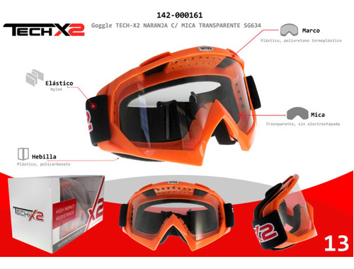 Goggle Techx2 Motociclista Naranja Mica Transparente Cross