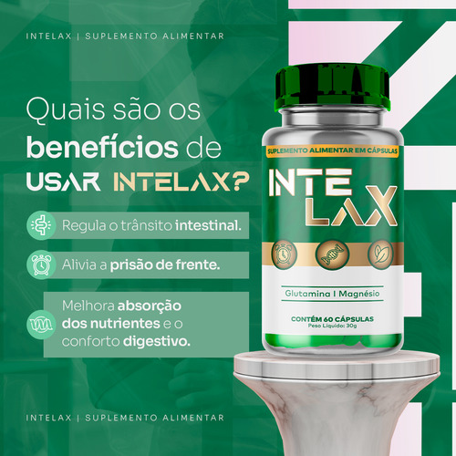 Suplemento Tratamento Natural INTELAX Auxilia Funcionamento Intestino Preso Ressecado Inflamado Gases Abdominais Regula Desinflama Indigestão Desintoxica Prebiótico Probiótico Fibras 60cáps Sem Sabor