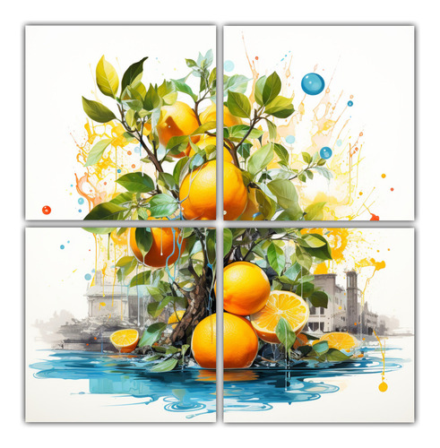 160x160cm Cuadro Moderno Un Limonero Blanco Y Naranja Flores