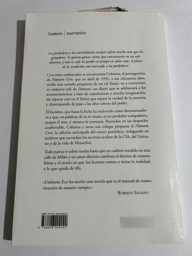 Libro Número Cero - Umberto Eco - Excelente Estado - Grande (Usado)