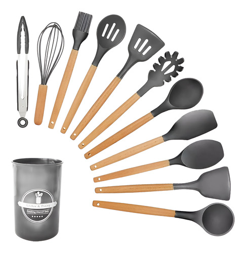 Utensilios Silicona De Cocina Premium Espatula Brocha 12 Set Negro