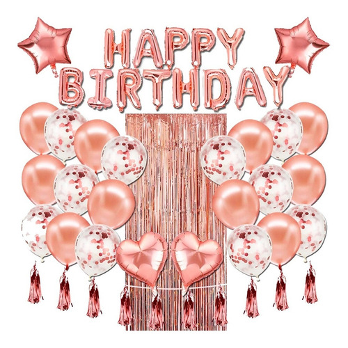 Kit De Globos Fiesta Feliz Cumpleaños Rose Gold Decoración
