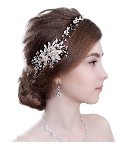 Tiara Tocado Novia Corona Perlas Flores Xv Boda Nupcial
