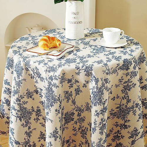 Mantel Redondo De Lino Floral Con Borlas Azules
