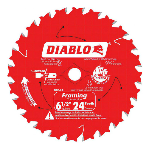 Disco Diablo Para Sierra Circular 6-1/2 24 Dientes D0624r Color Rojo