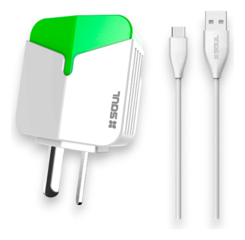 Cargador Rapido Doble Usb 2.4 Ampers + Cable Usb Tipo C Color Verde