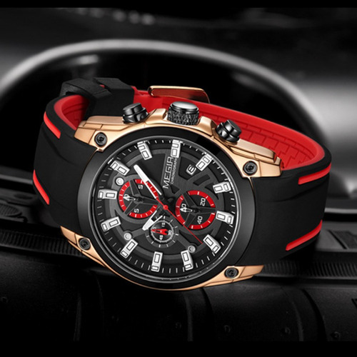 Reloj de lujo Megir Military Sport Designer, luminoso, color de fondo rojo