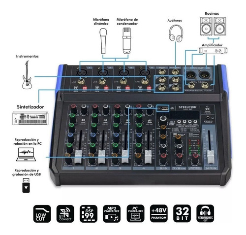 Mezcladora Bluetooth 8 Canales Steelpro Mix-80fx