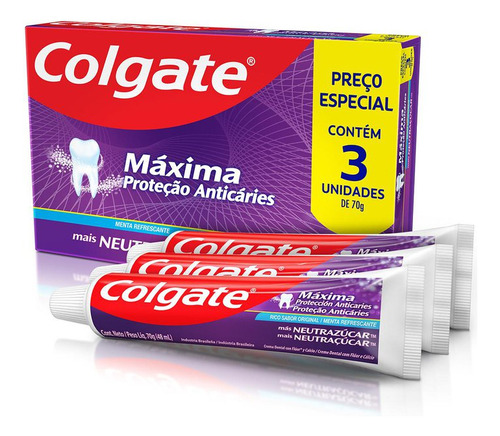 Creme Dental Colgate Máxima Proteção Anticáries mais Neutraçúcar 70g 3unidades