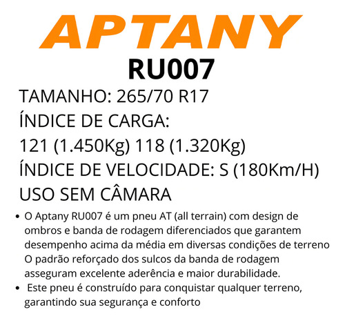 Pneu 265/70r17 Ru007 Tl 121/118s Aptany L200 F150 F250 F350