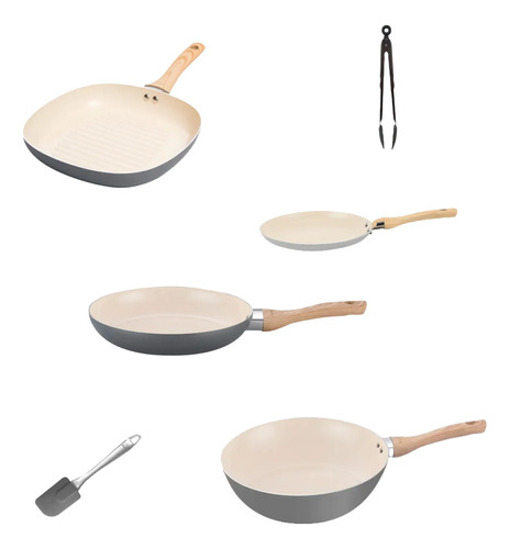 Set Sarten 26cm Wok Bif Panq Hudson Gris Gray Crema 4pz.