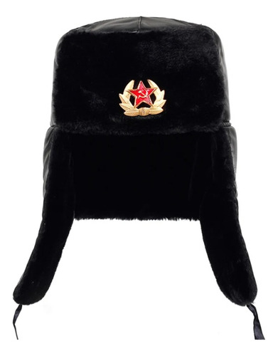 Ushanka Boina Preta Com Distintivo Comunista Soviético