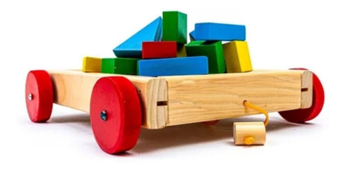 Imagen 4 de 10 de Juego Carro Madera 28 Bloques Construcción Tira Con Arrastre