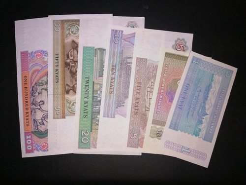 Colección De 7 Billetes, Myanmar, Nuevos (Usado)