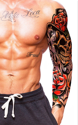 Tatuagem Temporária Caveira Chapéu Rosas - Braço Inteiro