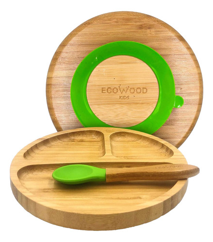 Plato Y Cubierto Para Bebé De Bambú Ecowood Antiderrapante Color Verde Liso