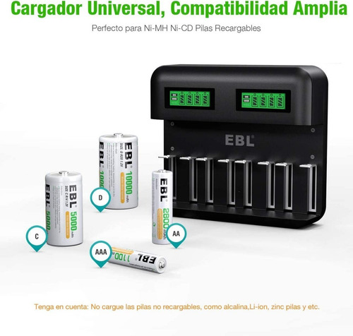 Imagen 6 de 8 de Cargador Universal Pilas Aa Aaa C D Usb Inteligente Lcd Ebl