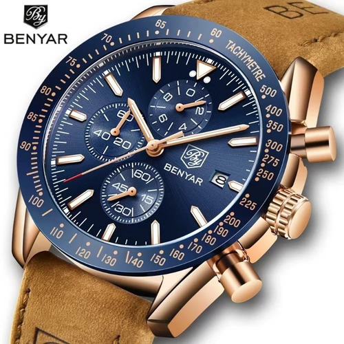 Reloj Benyar Chronograph De Piel De Cuarzo Impermeable