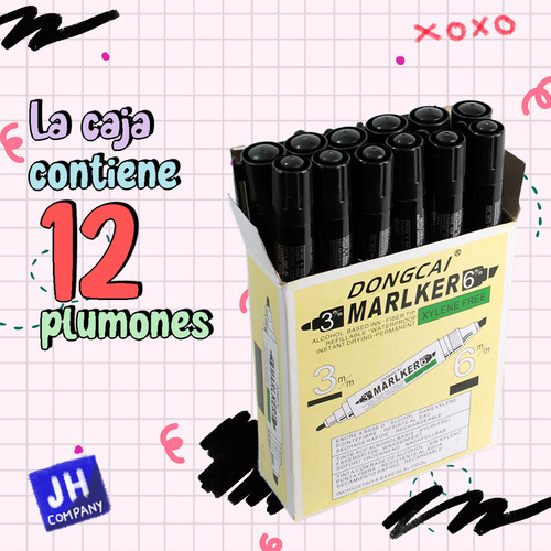 Set De 12 Marcador Plumon Permantene Doble Punta Negro Negro