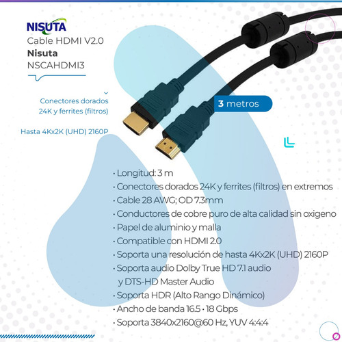 Cable Nisuta Hdmi V2.0 3mts 2160p 4k X 2k Nscahdmi3