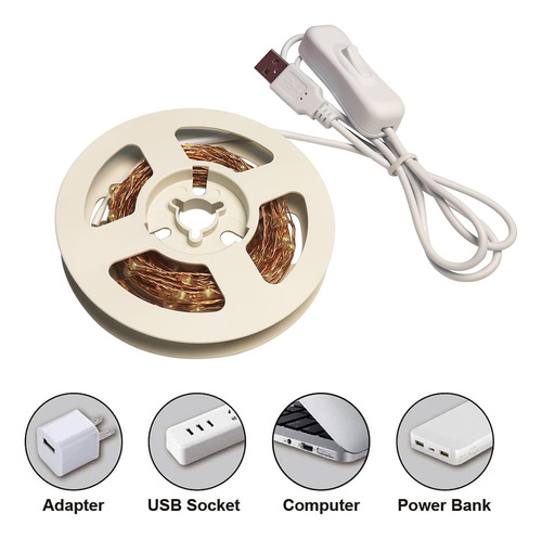 Cadena De Luces Usb De Cobre Con 100 Led, 10 M, Blanco Cálid