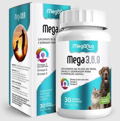 Suplemento Mega Ômega 3-6-9 1000mg 30 Cáp Cães Gatos Meganux