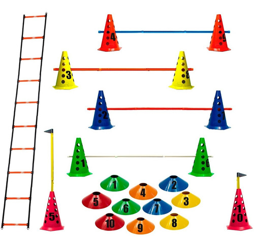 Escada + 10 Cones Furados C/ Barreiras + 10 Pratos + Números