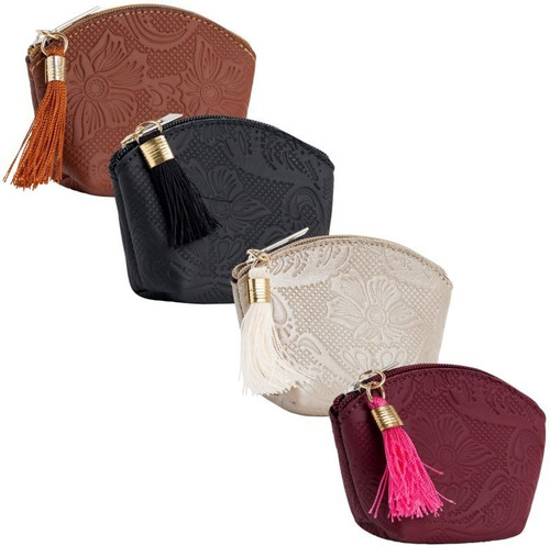 Monedero De Piel Grabada Para Dama Con Llavero Moda Bolsos Color Camel