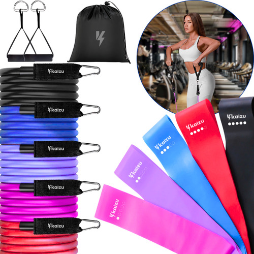 Kit Para Treino Musculação Em Casa Elástico Extensor + 5 Faixa Mini Band Resistente Kaizu
