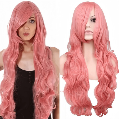 Elegante Peluca Rosa Ondulada Extra Larga Con Flequillo Para