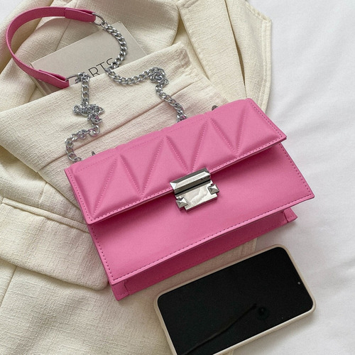 Mini Bags Carteras De Mujer Cuero Pu Cadena Clutch Carmen Acabado De Los Herrajes Níquel Color Rosa Chicle Diseño De La Tela Liso