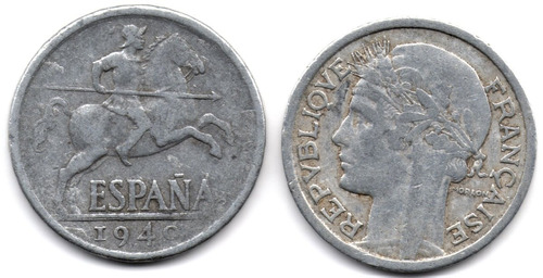 España 10 Céntimos 1940 Y Francia 1 Franco 1948