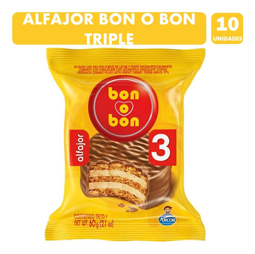 Bon O Bon Alfajor Triple Capa Sabor Clásico (pack Con 10 Un)