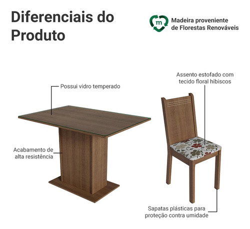 Sala De Jantar Mesa Tampo De Vidro 4 Cadeiras Camélia Madesa Cor Rustic/Hibiscos