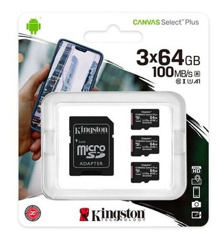 Imagen 1 de 2 de Pack 3 Memoria Micro Sd 64gb C/u Kingston Canvas Select Plus