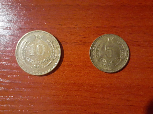 2 Monedas: 5 Y 10 Centesimos Escudo Chile Año 1967