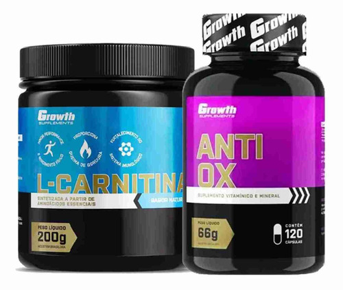 L-carnitina 200g + Anti-ox Antioxidante 120 Caps Growth