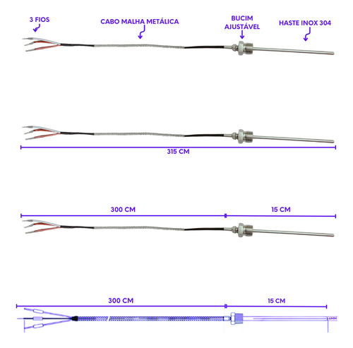 Sensor Pt100 3 Fios Com Bucim 0,6 X 15 Cm Cabo Malha 300 Cm
