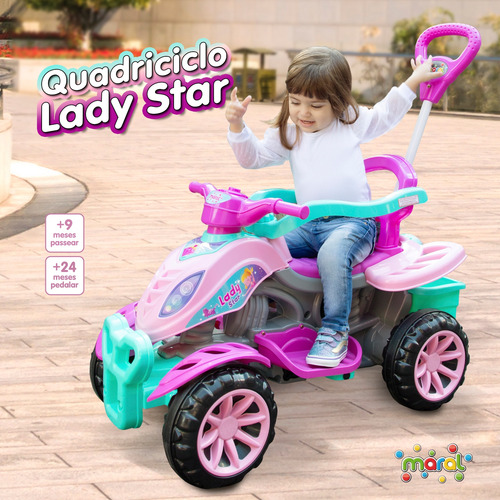 Quadriciclo Carrinho Infantil Rosa Meninas Com Pedal E Haste