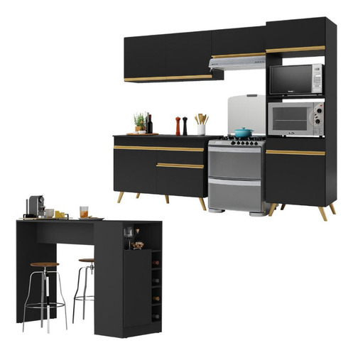 Armário Cozinha Compacta Com Mesa Veneza Multimóveis Mp2210 Cor Preto/dourado
