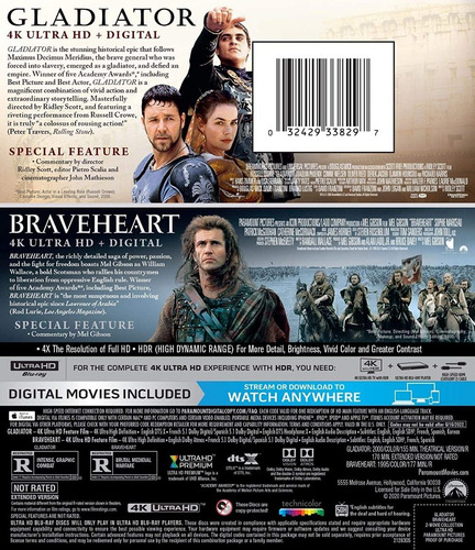 Imagen 2 de 3 de 4k Ultra Hd Blu-ray Gladiador + Corazon Valiente / 2 Films