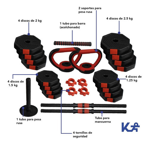 Kit de halteres, pesos ajustáveis, 4 em 1, 25 kg, para exercícios domésticos, cor preta