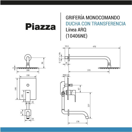 Imagen 3 de 10 de Griferia Ducha Baño Mono Negro Embutir C/ Transf Arq Piazza