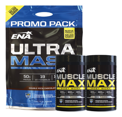 Combo Ena Ultra Mass Big Size 3 Kg + 2 Muscle Max 90 Tabs
