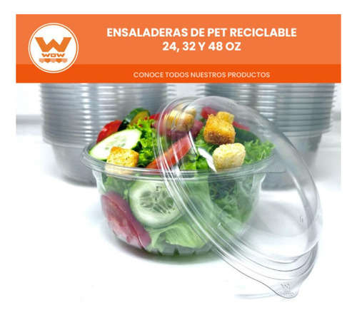 Ensaladera Con Tapa Domo 48 Oz Pet Reciclable Wow 50 Jgs Color Blanco