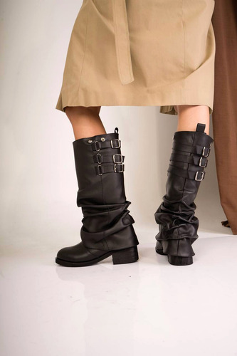 Botas Mujer Caña Alta Fruncida Desmontable 2en1 Cuero Jalea