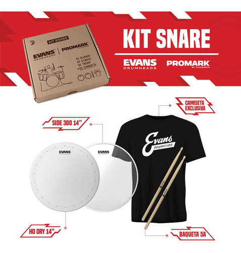 Kit Evans Pele 14 Hd Dry + Side 300 + Baqueta 5a + Camiseta