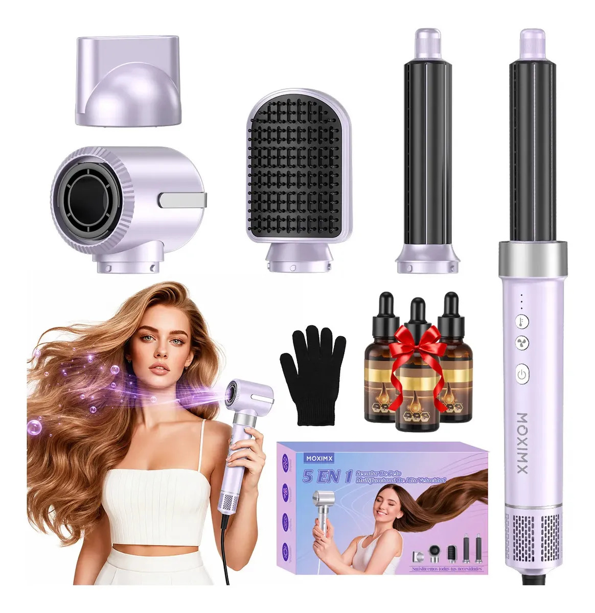 Secadora de Cabello 5 en 1 2000W MOXIMX Con Aire Caliente Y Rizadores Automáticos, Cerámica Y Iónica, Secado Rápido Y Peinado Sin Frizz, Sin Daños Por Calor Cepillo Voluminizador, 